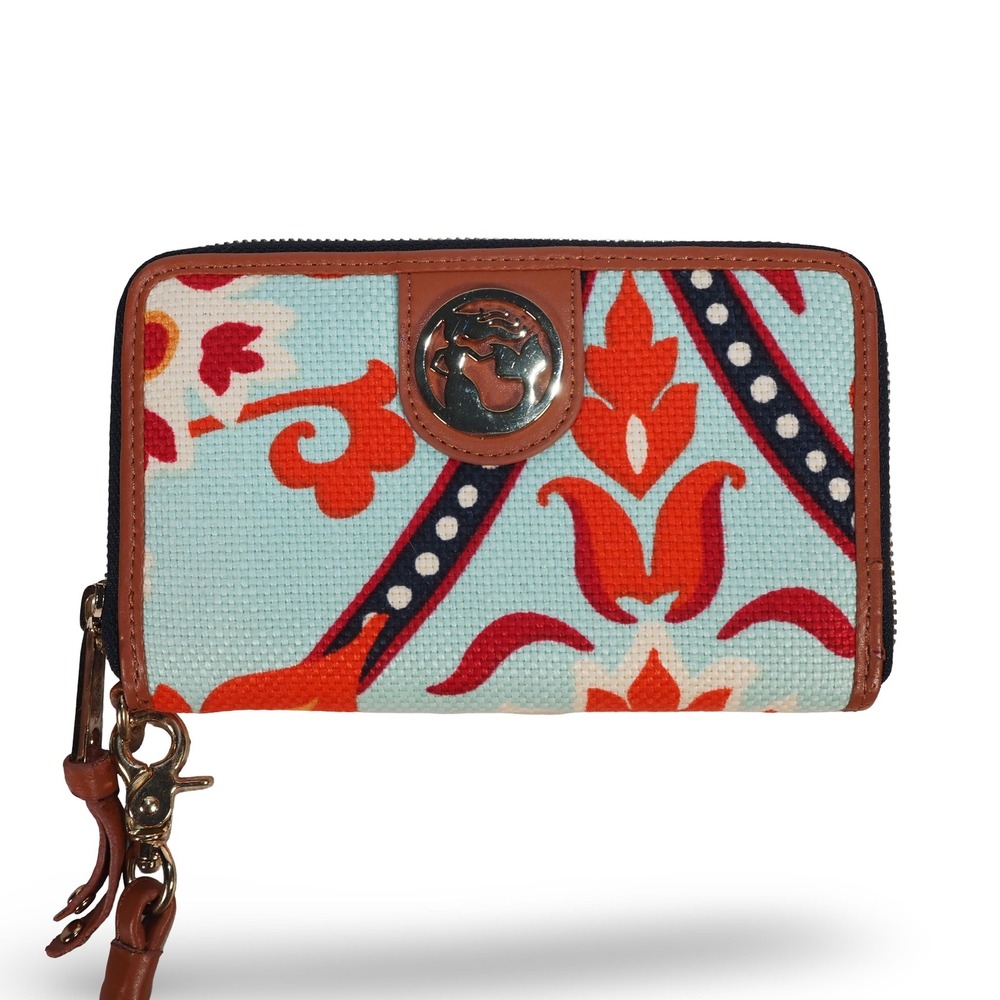 Spartina 449 Womens Zip Around Wristlet Wallet Floral Linen Leather Blue Orange